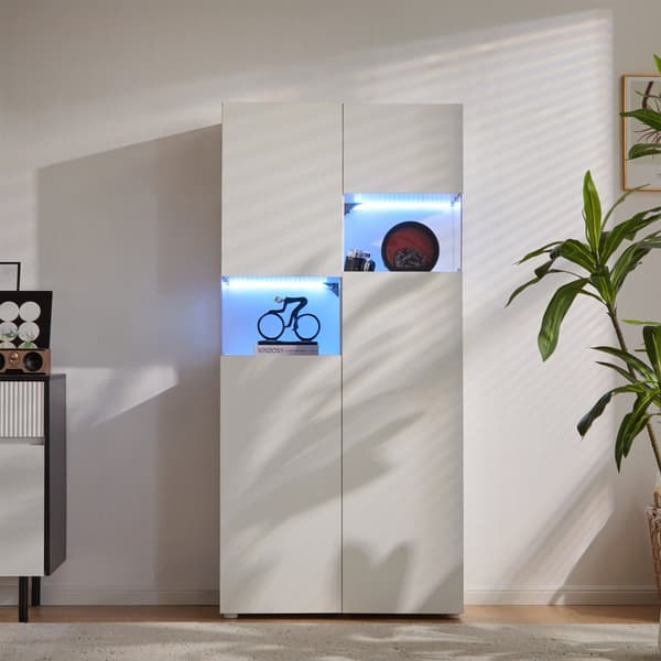 Vitrineskab med LED-belysning og transparent akryl – Høj opbevaringshylde til stue, køkken og kontor – 80x36,4x170 cm, hvid