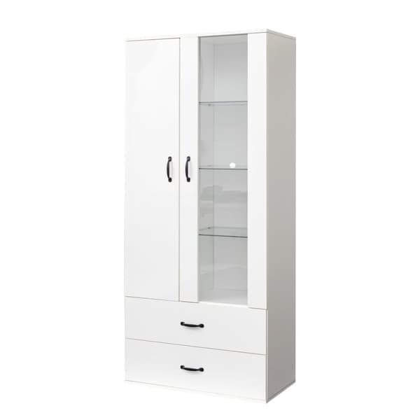 Vitrineskab med 2 låger og 2 skuffer og LED - Højde 180cm - Hvid