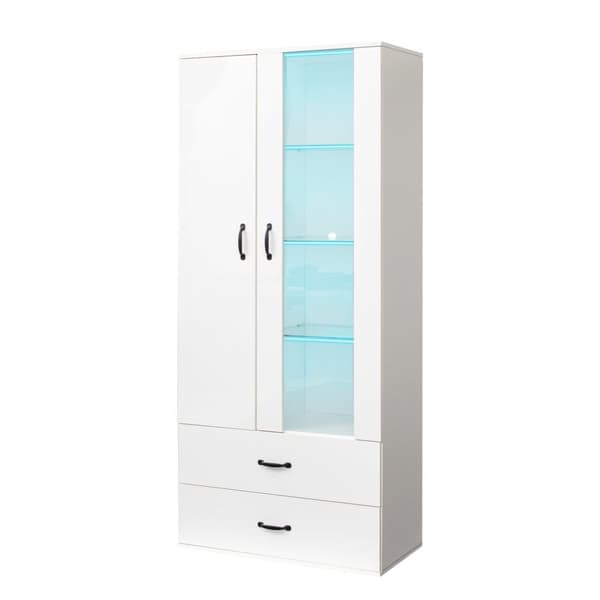 Vitrineskab med 2 låger og 2 skuffer og LED - Højde 180cm - Hvid