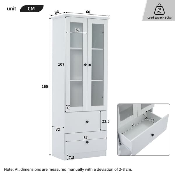 Modernt LED-displayskåp 60x35x165 cm - med USB-anslutning - fjärrkontroll 16 färger - med 2 lådor - med 2 glasdörrar - vit