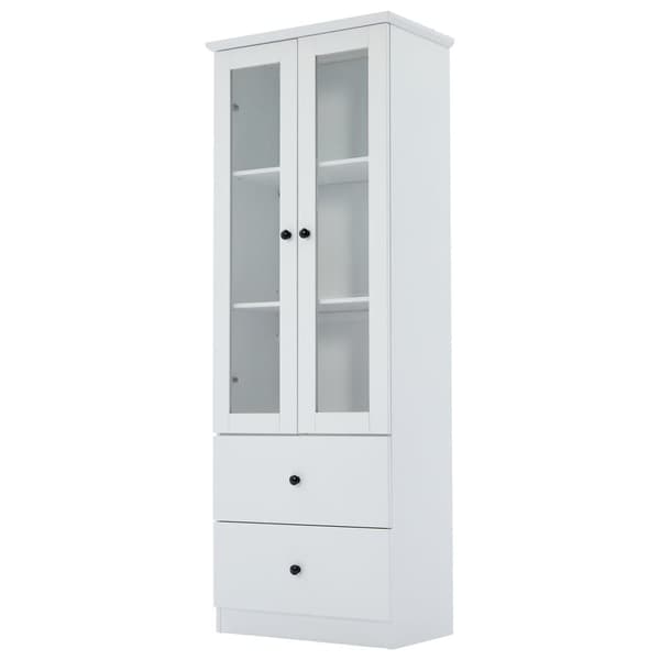 Modernt LED-displayskåp 60x35x165 cm - med USB-anslutning - fjärrkontroll 16 färger - med 2 lådor - med 2 glasdörrar - vit