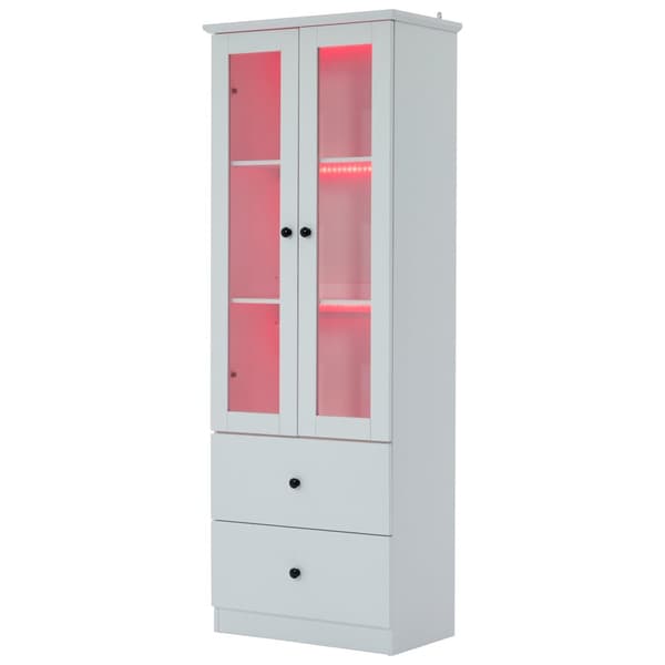 Modernt LED-displayskåp 60x35x165 cm - med USB-anslutning - fjärrkontroll 16 färger - med 2 lådor - med 2 glasdörrar - vit