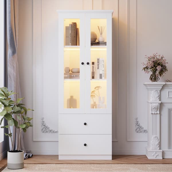 Modernt LED-displayskåp 60x35x165 cm - med USB-anslutning - fjärrkontroll 16 färger - med 2 lådor - med 2 glasdörrar - vit