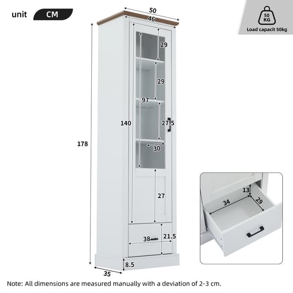 Moderne hvidt LED-vitrineskab 178 cm højt – USB, fjernbetjening med 16 farver, med træhylder, skuffe og glaslåger, 5 rum, MDF-vitrineskab