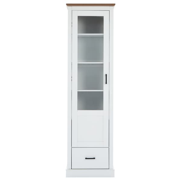 Moderne hvidt LED-vitrineskab 178 cm højt – USB, fjernbetjening med 16 farver, med træhylder, skuffe og glaslåger, 5 rum, MDF-vitrineskab
