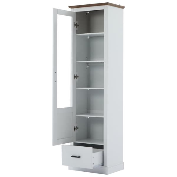 Moderne hvidt LED-vitrineskab 178 cm højt – USB, fjernbetjening med 16 farver, med træhylder, skuffe og glaslåger, 5 rum, MDF-vitrineskab