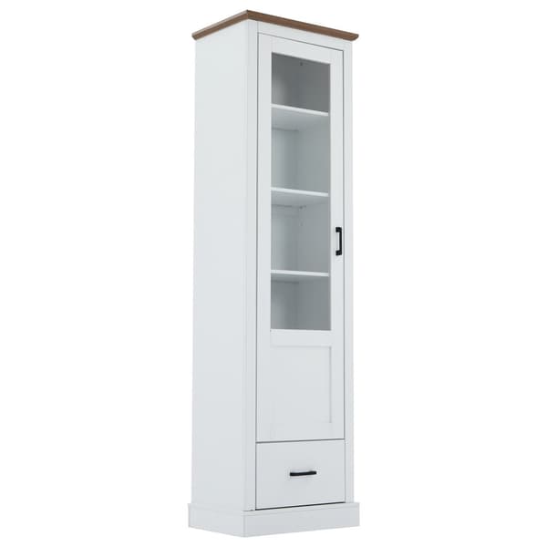 Moderne hvidt LED-vitrineskab 178 cm højt – USB, fjernbetjening med 16 farver, med træhylder, skuffe og glaslåger, 5 rum, MDF-vitrineskab