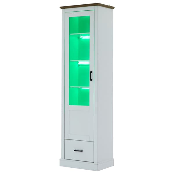 Moderne hvidt LED-vitrineskab 178 cm højt – USB, fjernbetjening med 16 farver, med træhylder, skuffe og glaslåger, 5 rum, MDF-vitrineskab