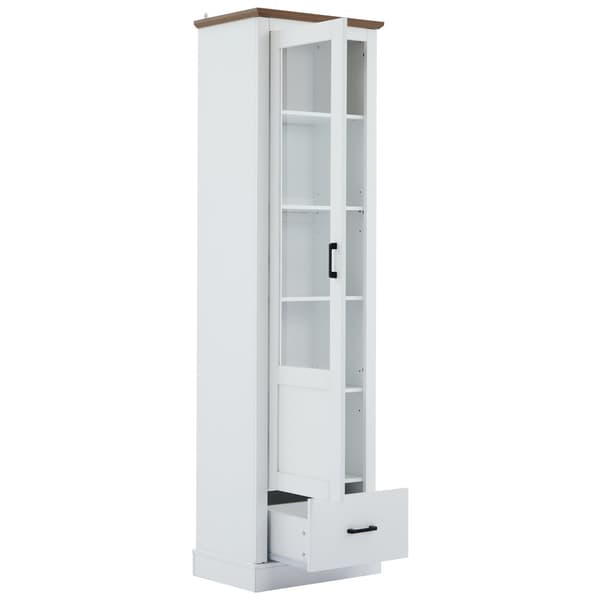 Moderne hvidt LED-vitrineskab 178 cm højt – USB, fjernbetjening med 16 farver, med træhylder, skuffe og glaslåger, 5 rum, MDF-vitrineskab