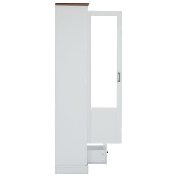 Moderne hvidt LED-vitrineskab 178 cm højt – USB, fjernbetjening med 16 farver, med træhylder, skuffe og glaslåger, 5 rum, MDF-vitrineskab