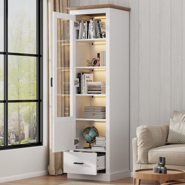 Moderne hvidt LED-vitrineskab 178 cm højt – USB, fjernbetjening med 16 farver, med træhylder, skuffe og glaslåger, 5 rum, MDF-vitrineskab