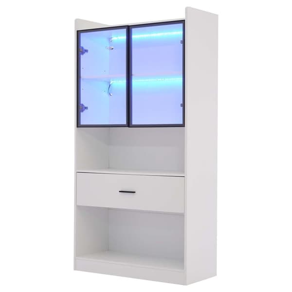 Vitrinskåp 32x80x153,5 cm med LED - 2 glasdörrar och 1 stor låda - Vit
