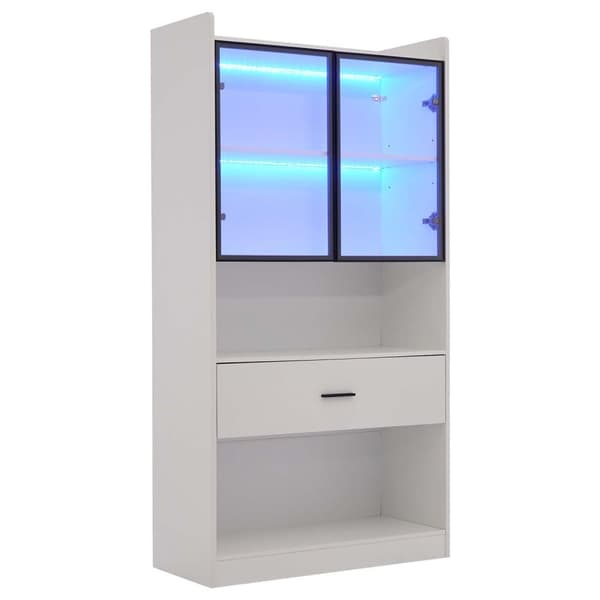 Vitrinskåp 32x80x153,5 cm med LED - 2 glasdörrar och 1 stor låda - Vit