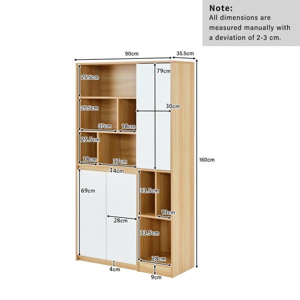 Moderne bogreol i træ med 3 låger og justerbare hylder – rummeligt opbevaringsskab 90×35,5×160 cm til hjemmet eller kontoret