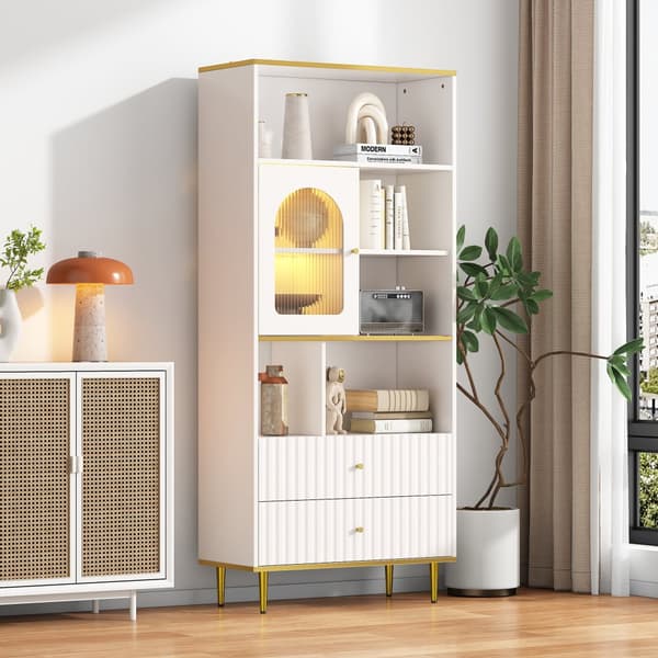 Valkoinen kirjahylly LED-valaistuilla lasivitrioneilla – 5 avointa hyllyä, 2 laatikkoa ja säädettävät hyllyt – 78×36×190 cm