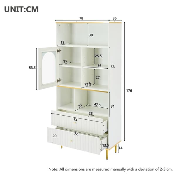 Valkoinen kirjahylly LED-valaistuilla lasivitrioneilla – 5 avointa hyllyä, 2 laatikkoa ja säädettävät hyllyt – 78×36×190 cm