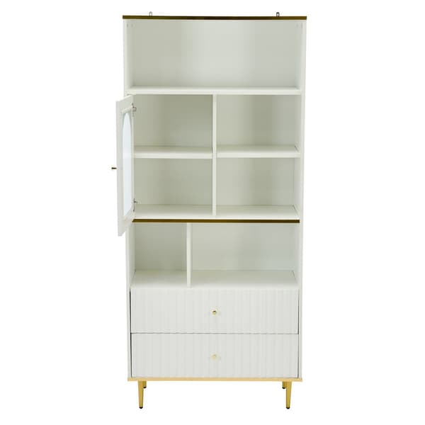 Valkoinen kirjahylly LED-valaistuilla lasivitrioneilla – 5 avointa hyllyä, 2 laatikkoa ja säädettävät hyllyt – 78×36×190 cm
