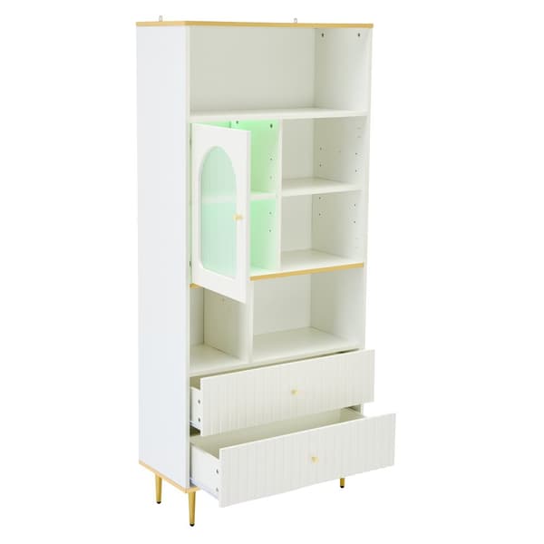 Valkoinen kirjahylly LED-valaistuilla lasivitrioneilla – 5 avointa hyllyä, 2 laatikkoa ja säädettävät hyllyt – 78×36×190 cm