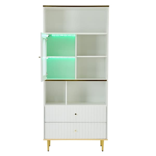 Valkoinen kirjahylly LED-valaistuilla lasivitrioneilla – 5 avointa hyllyä, 2 laatikkoa ja säädettävät hyllyt – 78×36×190 cm