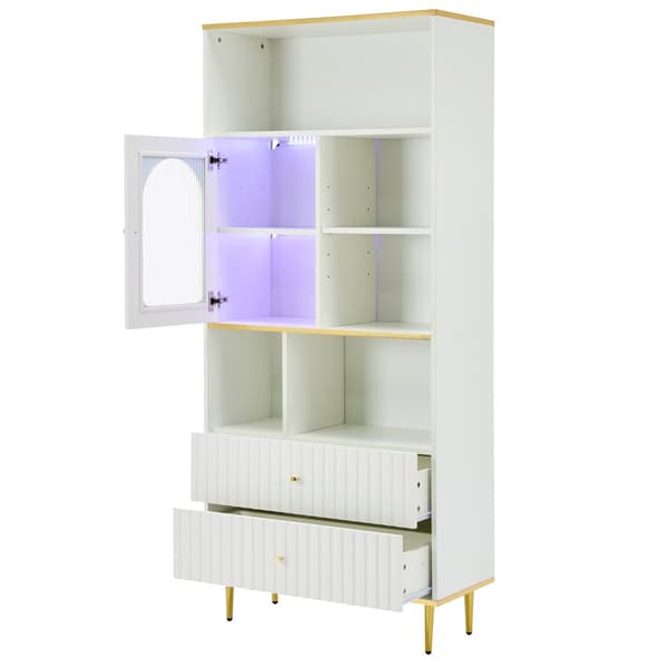 Valkoinen kirjahylly LED-valaistuilla lasivitrioneilla – 5 avointa hyllyä, 2 laatikkoa ja säädettävät hyllyt – 78×36×190 cm