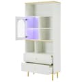Pikkukuva 8 / 11: Valkoinen kirjahylly LED-valaistuilla lasivitrioneilla – 5 avointa hyllyä, 2 laatikkoa ja säädettävät hyllyt – 78×36×190 cm