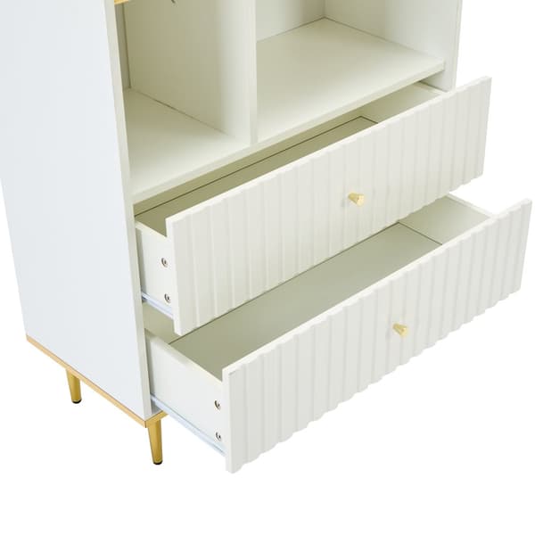 Valkoinen kirjahylly LED-valaistuilla lasivitrioneilla – 5 avointa hyllyä, 2 laatikkoa ja säädettävät hyllyt – 78×36×190 cm