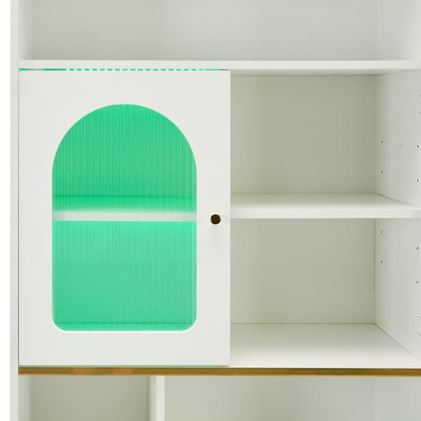 Valkoinen kirjahylly LED-valaistuilla lasivitrioneilla – 5 avointa hyllyä, 2 laatikkoa ja säädettävät hyllyt – 78×36×190 cm