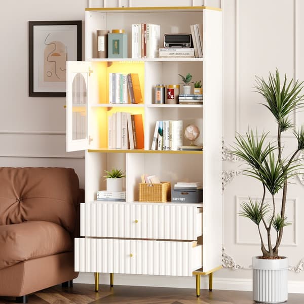 Valkoinen kirjahylly LED-valaistuilla lasivitrioneilla – 5 avointa hyllyä, 2 laatikkoa ja säädettävät hyllyt – 78×36×190 cm