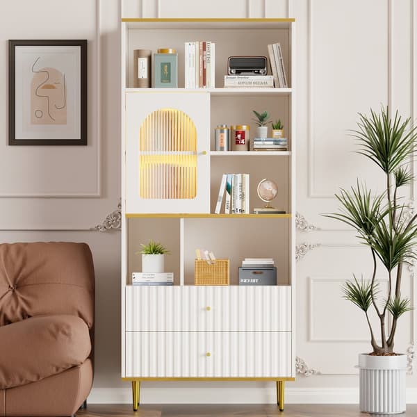Valkoinen kirjahylly LED-valaistuilla lasivitrioneilla – 5 avointa hyllyä, 2 laatikkoa ja säädettävät hyllyt – 78×36×190 cm