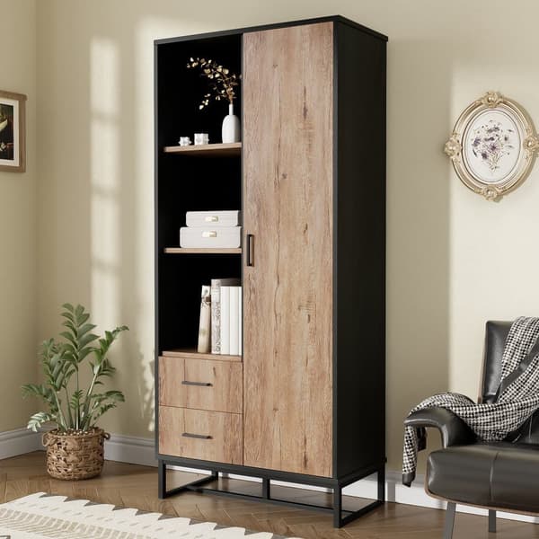 Moderne højbord 80x40x180 cm – trælook med sort ramme, skab med låge, 2 skuffer og 3 åbne hylder