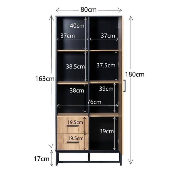 Moderne højbord 80x40x180 cm – trælook med sort ramme, skab med låge, 2 skuffer og 3 åbne hylder