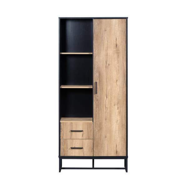 Moderne højbord 80x40x180 cm – trælook med sort ramme, skab med låge, 2 skuffer og 3 åbne hylder