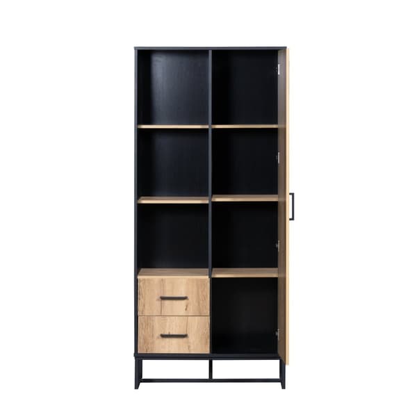 Moderne højbord 80x40x180 cm – trælook med sort ramme, skab med låge, 2 skuffer og 3 åbne hylder