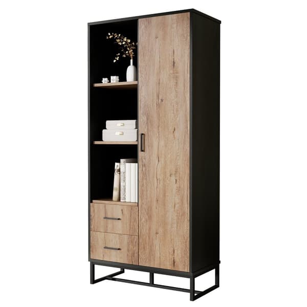 Moderne højbord 80x40x180 cm – trælook med sort ramme, skab med låge, 2 skuffer og 3 åbne hylder