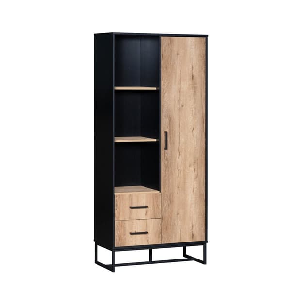 Moderne højbord 80x40x180 cm – trælook med sort ramme, skab med låge, 2 skuffer og 3 åbne hylder