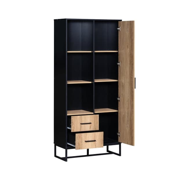 Moderne højbord 80x40x180 cm – trælook med sort ramme, skab med låge, 2 skuffer og 3 åbne hylder