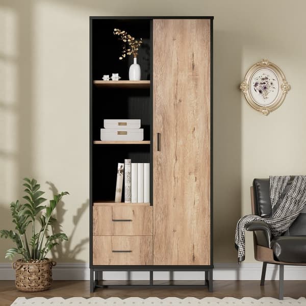 Moderne højbord 80x40x180 cm – trælook med sort ramme, skab med låge, 2 skuffer og 3 åbne hylder