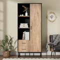 Miniatyrbillede 1 af 10: Moderne højbord 80x40x180 cm – trælook med sort ramme, skab med låge, 2 skuffer og 3 åbne hylder