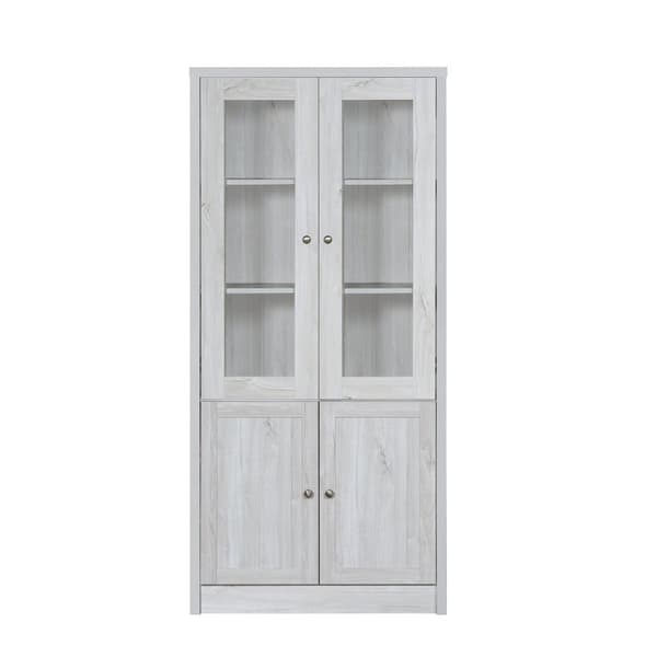 Moderni korkea kaappi 80x34x171 cm – puinen ilme lasiovilla, 2 puuovella ja kuparikahvoilla