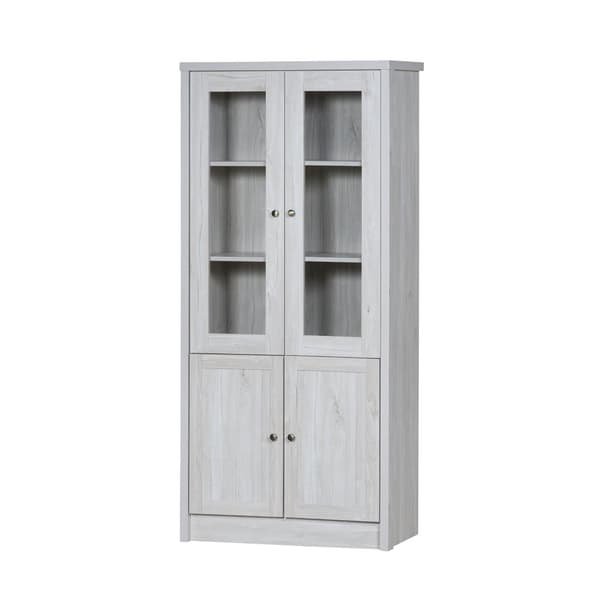 Moderni korkea kaappi 80x34x171 cm – puinen ilme lasiovilla, 2 puuovella ja kuparikahvoilla