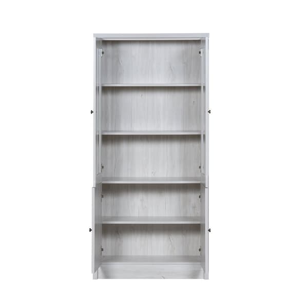 Moderni korkea kaappi 80x34x171 cm – puinen ilme lasiovilla, 2 puuovella ja kuparikahvoilla