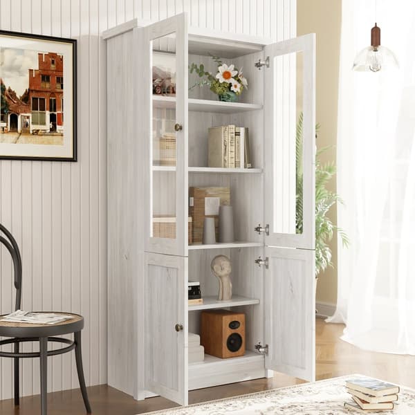 Moderni korkea kaappi 80x34x171 cm – puinen ilme lasiovilla, 2 puuovella ja kuparikahvoilla