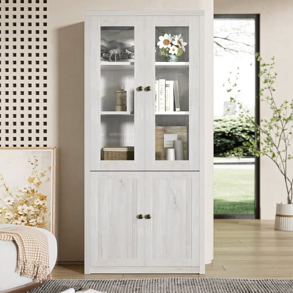 Moderni korkea kaappi 80x34x171 cm – puinen ilme lasiovilla, 2 puuovella ja kuparikahvoilla