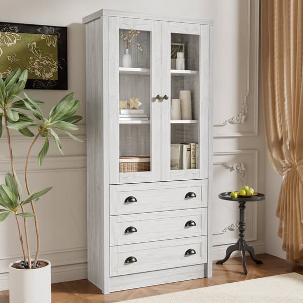 Moderni highboard 80x34x171 cm – puinen ilme lasiovilla, 3 laatikolla ja kuparikahvoilla, tyylikäs säilytystila olohuoneeseen, toimistoon ja eteiseen
