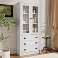 Pikkukuva 3 / 11: Moderni highboard 80x34x171 cm – puinen ilme lasiovilla, 3 laatikolla ja kuparikahvoilla, tyylikäs säilytystila olohuoneeseen, toimistoon ja eteiseen
