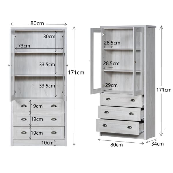 Moderni highboard 80x34x171 cm – puinen ilme lasiovilla, 3 laatikolla ja kuparikahvoilla, tyylikäs säilytystila olohuoneeseen, toimistoon ja eteiseen