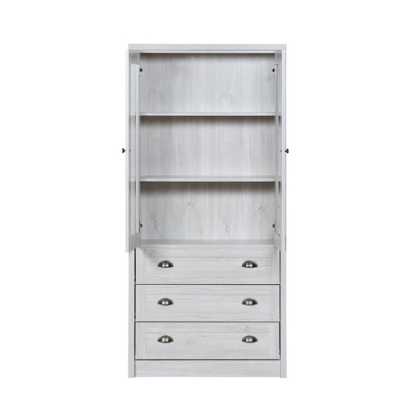 Moderni highboard 80x34x171 cm – puinen ilme lasiovilla, 3 laatikolla ja kuparikahvoilla, tyylikäs säilytystila olohuoneeseen, toimistoon ja eteiseen
