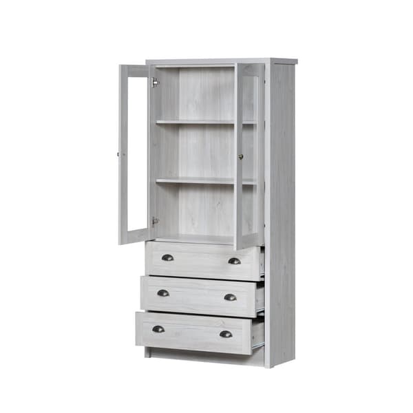 Moderni highboard 80x34x171 cm – puinen ilme lasiovilla, 3 laatikolla ja kuparikahvoilla, tyylikäs säilytystila olohuoneeseen, toimistoon ja eteiseen
