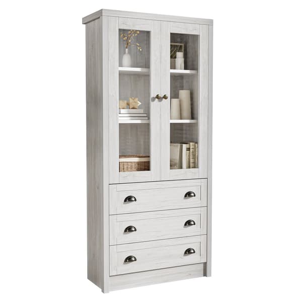Moderni highboard 80x34x171 cm – puinen ilme lasiovilla, 3 laatikolla ja kuparikahvoilla, tyylikäs säilytystila olohuoneeseen, toimistoon ja eteiseen