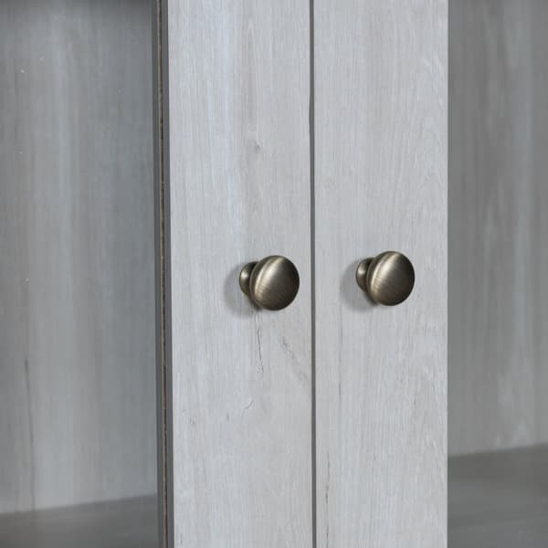 Moderni highboard 80x34x171 cm – puinen ilme lasiovilla, 3 laatikolla ja kuparikahvoilla, tyylikäs säilytystila olohuoneeseen, toimistoon ja eteiseen